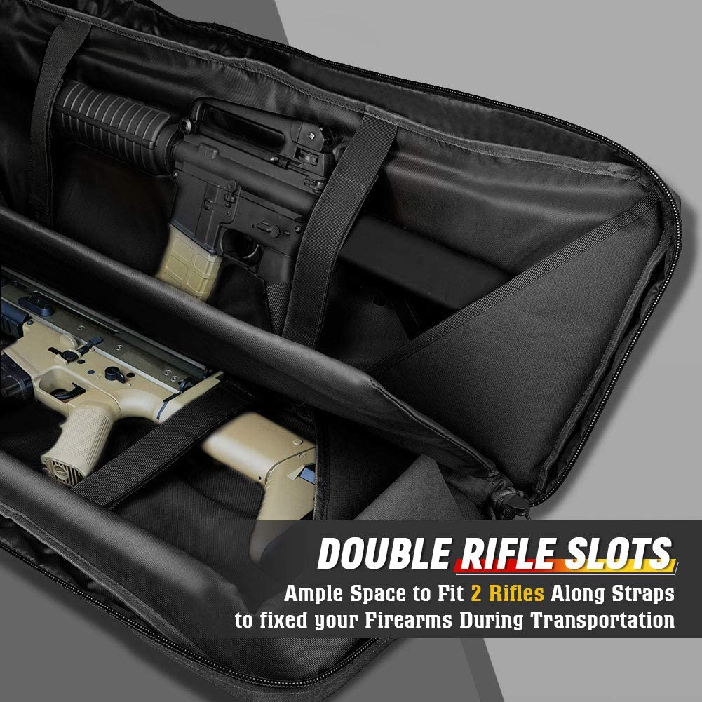 Black LuxhmoX double long soft rifle case by Amethyst Osage, designed for secure storage of long guns with multiple compartments.