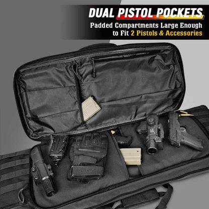 Black Amethyst Osage LuxhmoX double long soft rifle case with padded interior and multiple carrying options for outdoor shooting.