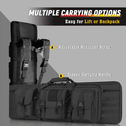 Black Amethyst Osage LUXHMOX double long soft rifle case with multiple compartments for long guns and accessories.