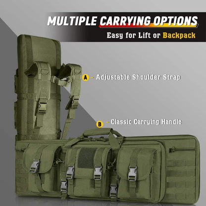 Green Amethyst Osage double long rifle case with padded exterior and multiple compartments for secure gun storage.