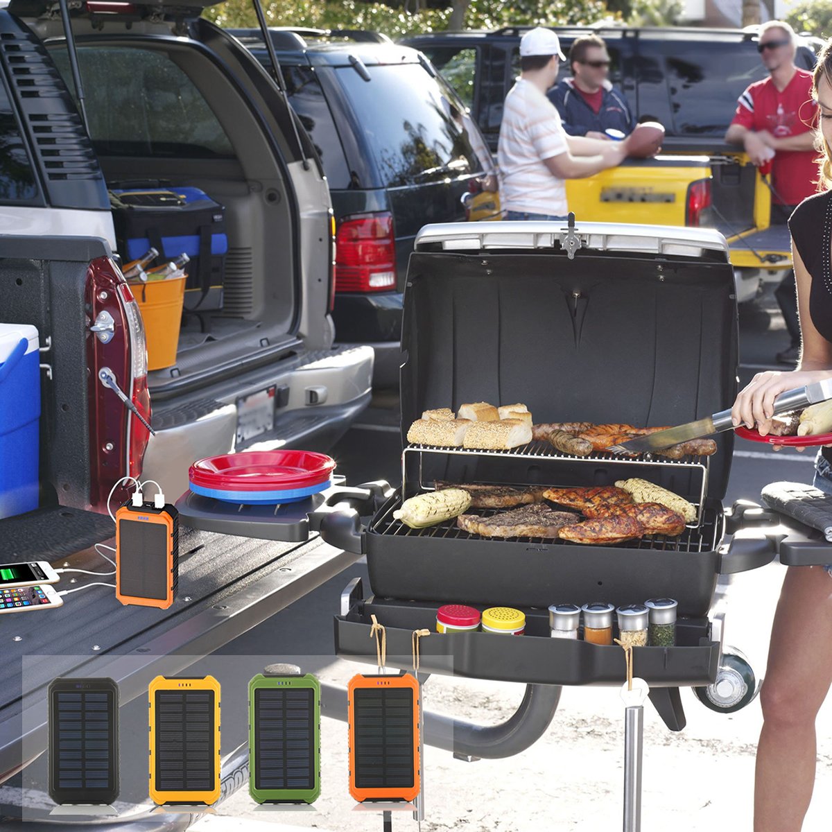 Salmon Lucky roaming solar power bank charging a smartphone outdoors, portable solar tech accessory for phones and tablets.