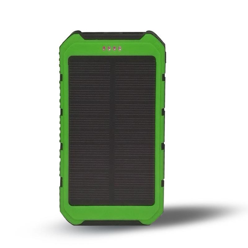 Salmon Lucky roaming solar power bank charging a phone outdoors, portable tech accessory with solar panels for energy on the go.