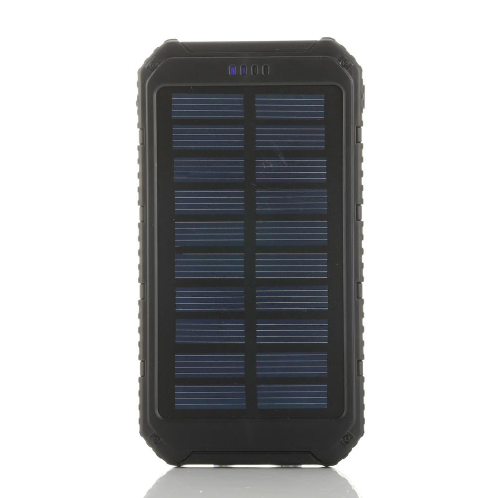 Salmon Lucky roaming solar power bank charging phone or tablet outdoors with solar panels in a scenic environment.