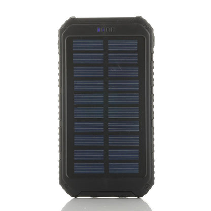 Salmon Lucky roaming solar power bank charging phone or tablet outdoors with solar panels in a scenic environment.