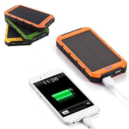 Salmon Lucky roaming solar power bank charging a phone, portable tech accessory with solar panel for on-the-go device charging.