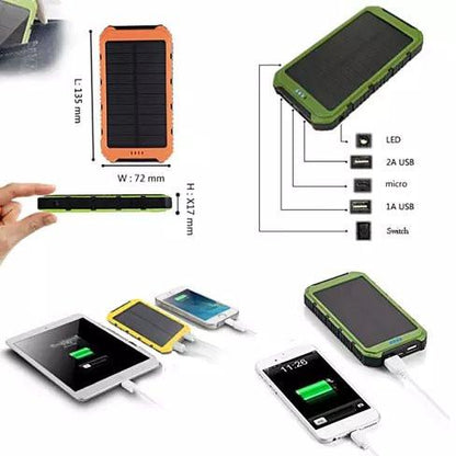 Salmon Lucky roaming solar power bank charging a phone and tablet outdoors, eco-friendly tech accessory with solar panels.