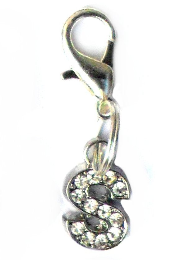 Salmon Oscar A-Z crystal letter pet charm on a leash, showcasing sparkling letter charm for collars and petwear.