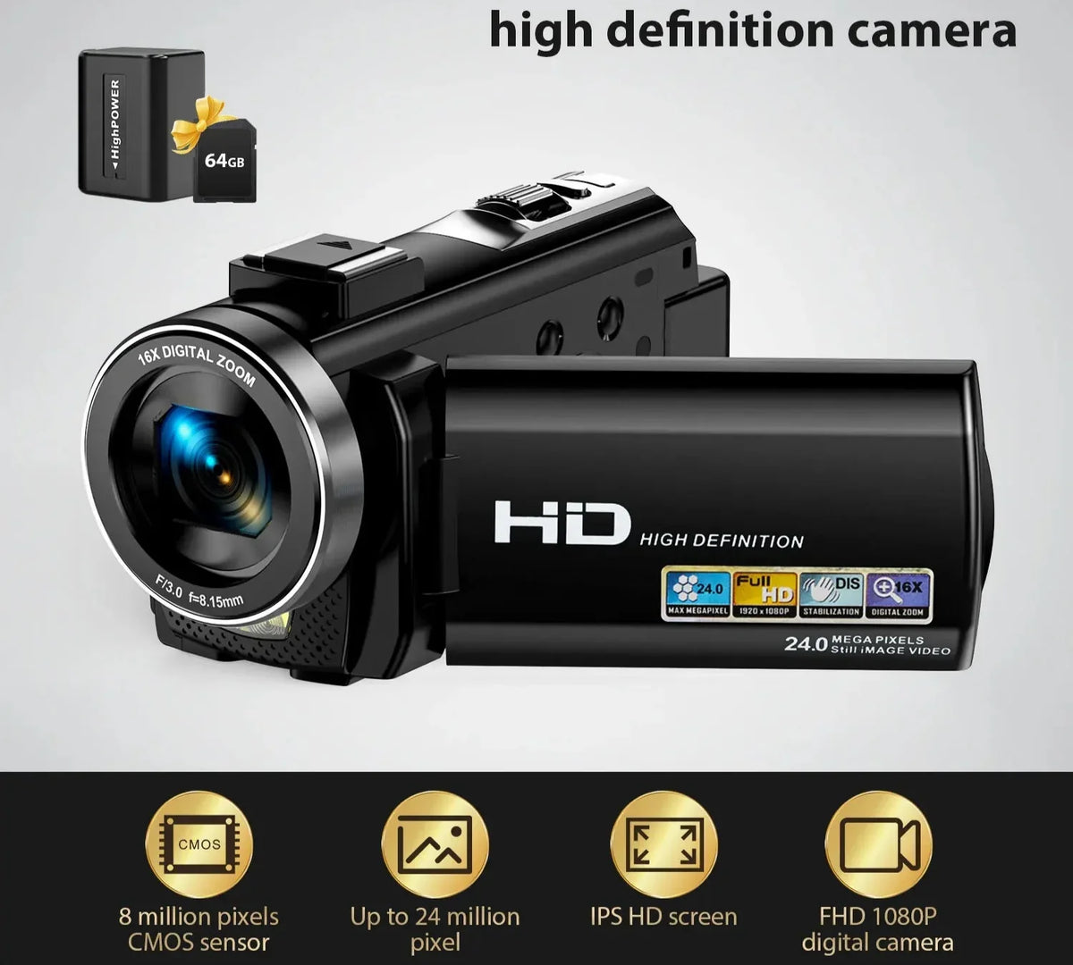 Digital HD Camera with Rotating Screen with 32G Card Black