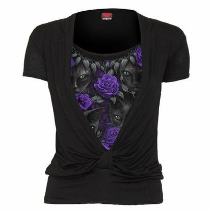 Black Jasper The Watchers allover 2-in-1 gathered knot short sleeve shorts, shown with gathered knot design and casual fit.