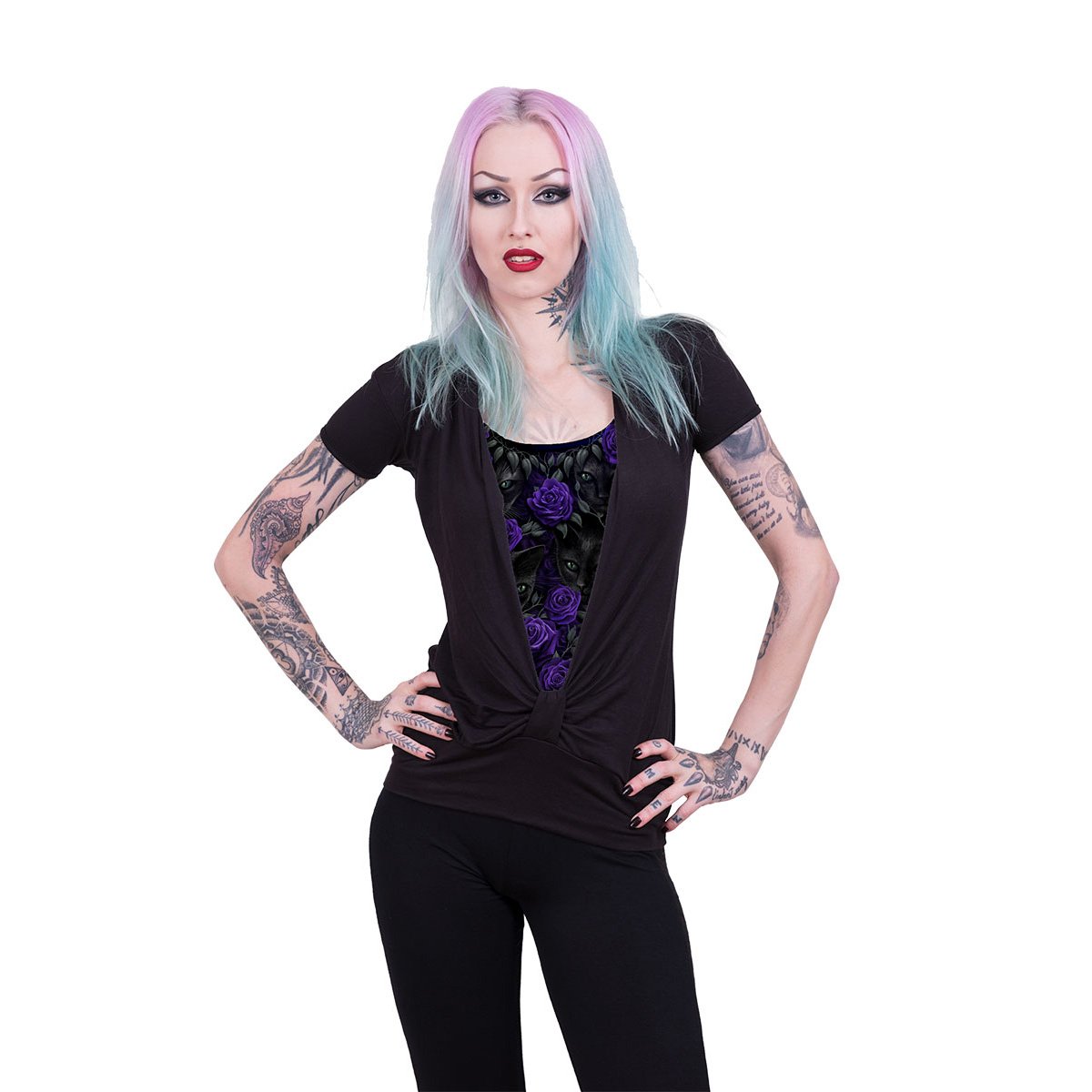 Black Jasper The Watchers allover 2-in-1 gathered knot shorts with short sleeves, showcasing a stylish, gathered design.