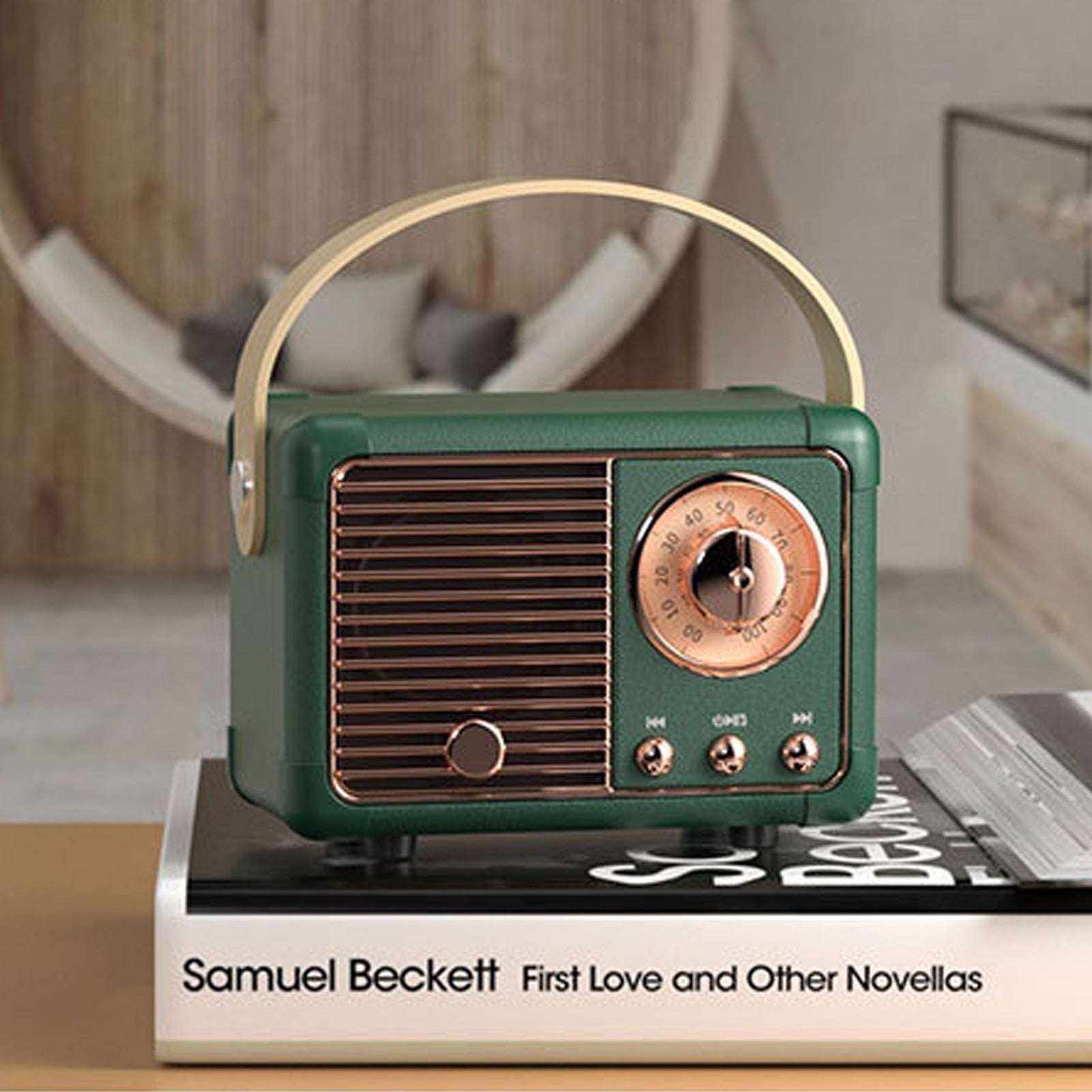 Yellow Pandora Bluetooth compact retro speaker with radio, featuring vintage design and modern audio technology.