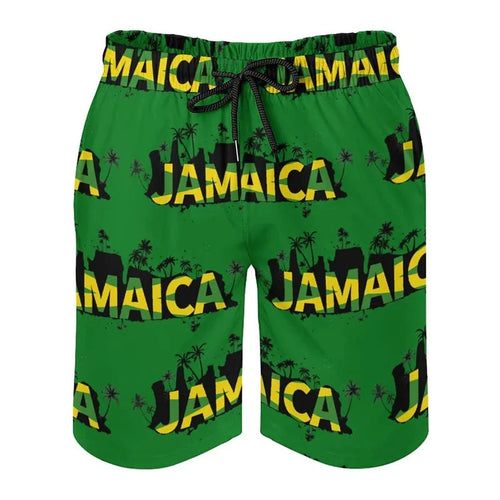 Raspberry Eurybia Jamaica men’s beach shorts with colorful tropical print and adjustable waistband, perfect for beachwear.