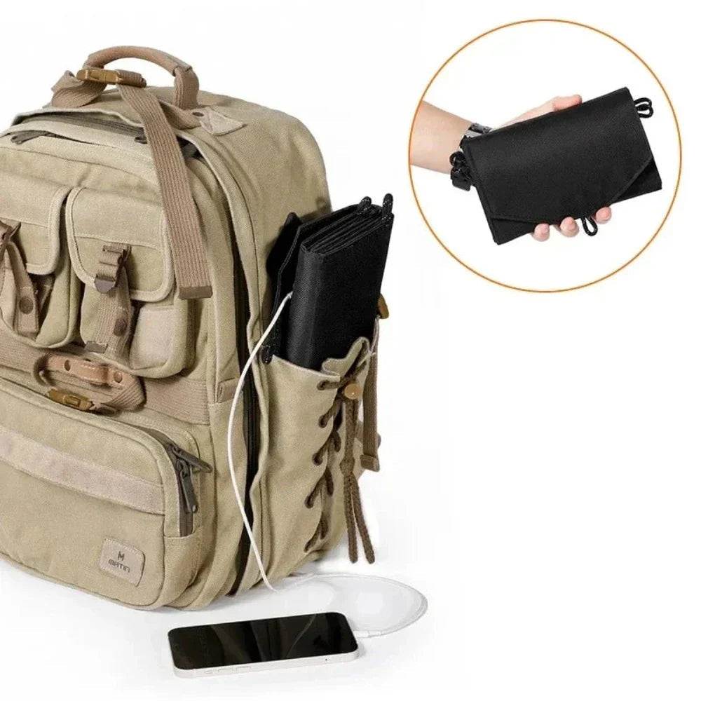 Yellow Pandora portable solar panel with USB port for charging cell phones, ideal for outdoor sports and adventures.
