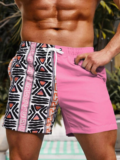 Raspberry Eurybia Hawaiian vacation beach shorts with bright floral print, lightweight fabric, and relaxed fit for beach or casual wear.