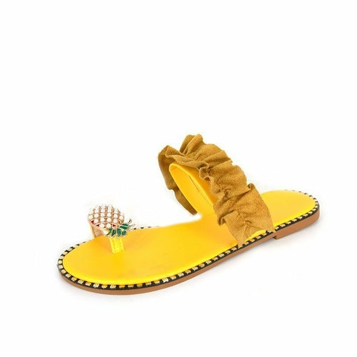 Silver Juneberry pineapple pearl beach slides for women, flat toe casual sandals with pineapple and pearl embellishments.
