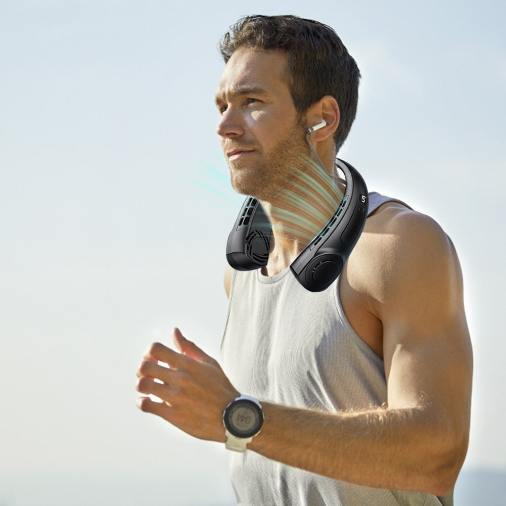 Yellow Pandora innovative LED wearable fan, a tech accessory with built-in LED lights and adjustable straps, designed for personal cooling.