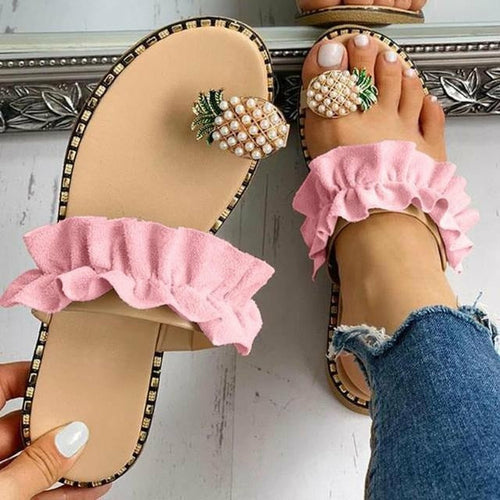 Coffee Jasper pineapple pearl beach slides for women, flat toe casual sandals with colorful pineapple and pearl details.