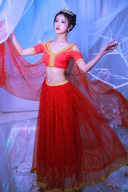 Red Iphigenia Elsa Princess costume for women featuring a belly dance-inspired red outfit with intricate details and flowing fabric.