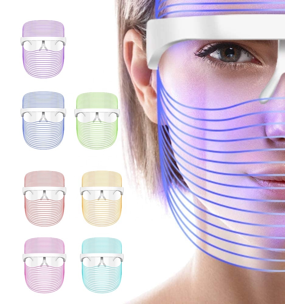 Maroon Asteria LED light therapy facial mask with 7 colors for anti-aging and wrinkle reduction, shown on a user&