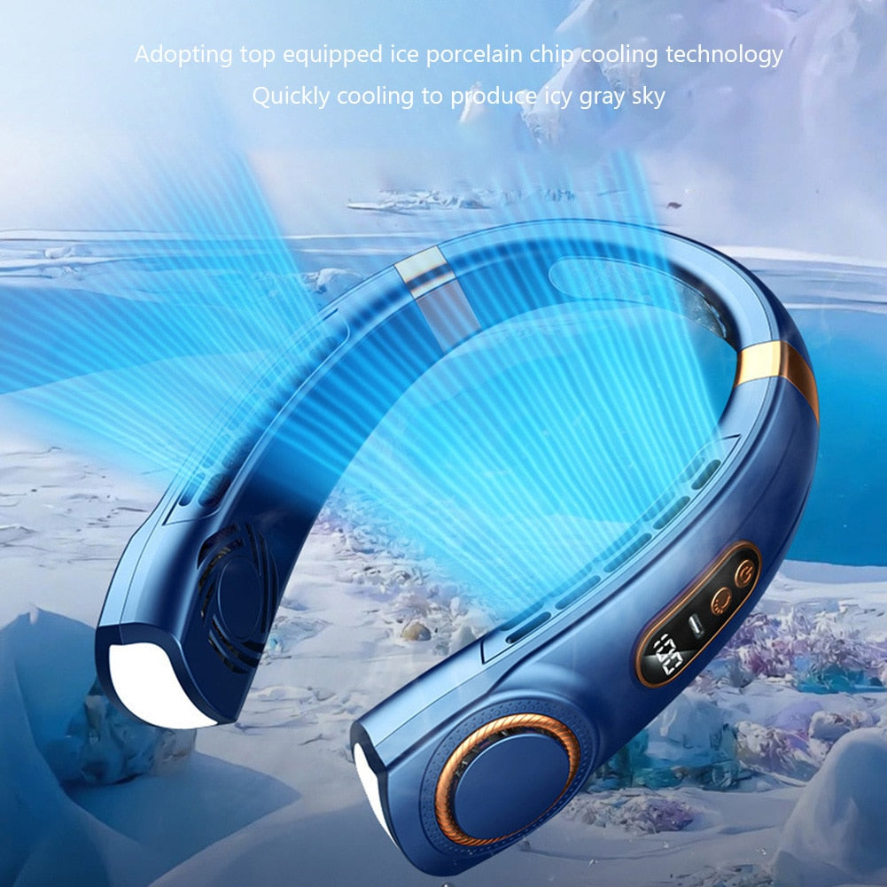 Yellow Pandora innovative LED wearable fan with built-in LED lights, compact tech accessory for personal cooling.