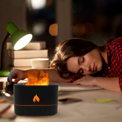 Yellow Pandora essential oil diffuser with flaming effect, featuring a timer, showcasing a modern, decorative diffuser for home aromatherapy.