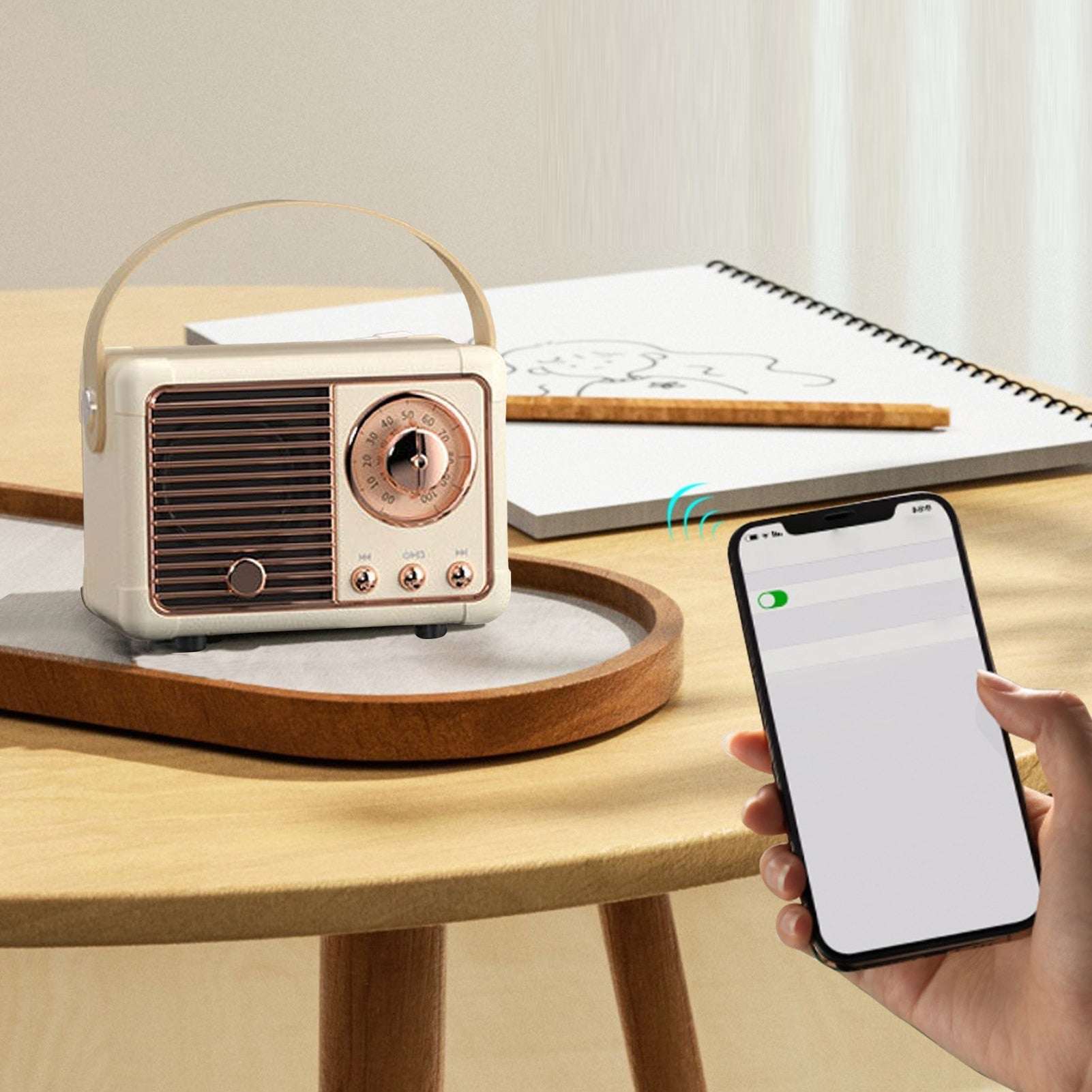 Yellow Pandora Bluetooth compact retro speakers with radio, showing a vintage-inspired design and control buttons.