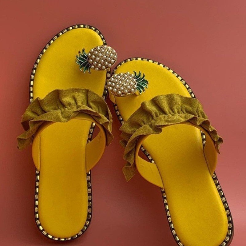 Coffee Jasper pineapple pearl beach slides for women, flat toe casual sandals with tropical pineapple and pearl accents.