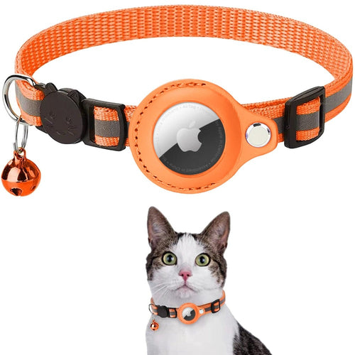 Yellow Pandora reflective Airtag collar case for cats and dogs, shown on a pet collar with reflective material for visibility.
