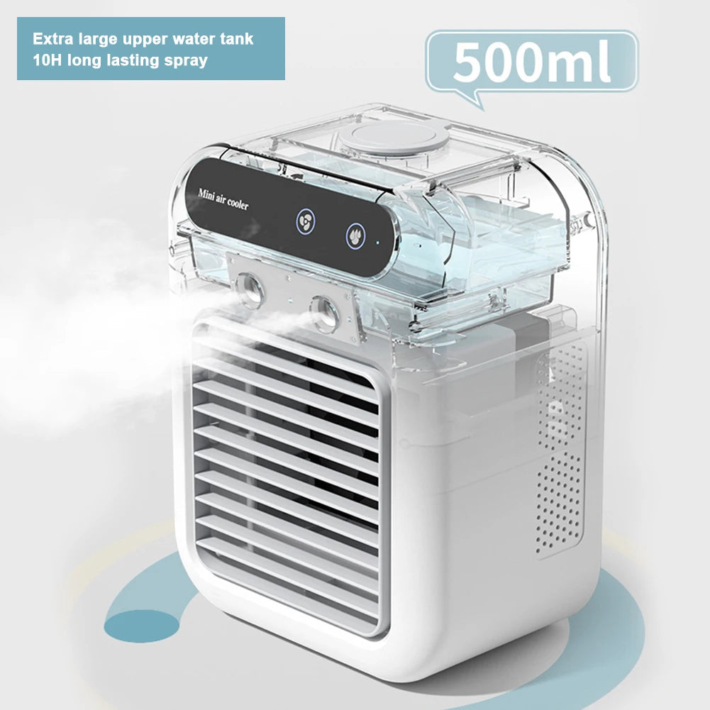 Maroon Asteria portable camping air conditioner fan with humidifier, two-speed air cooling fan for outdoor use.
