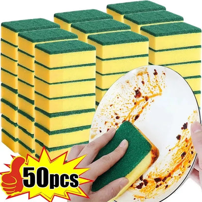Double-sided absorbent sponge for cleaning, featuring rust-removing properties, ideal for kitchen and household use.