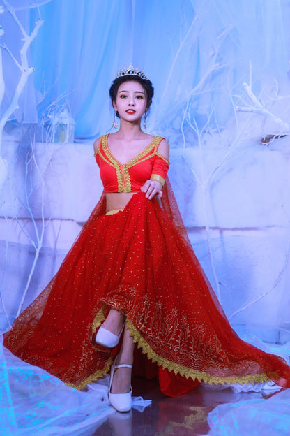 Red Elsa Princess Costume for women featuring belly dance style, perfect for parties and cosplay by Red Iphigenia.