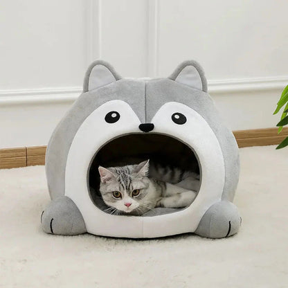 Yellow Pandora cartoon fox pet house bed with soft fabric and cozy design for small cats or dogs.