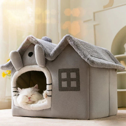 Yellow Pandora plush pet house with a removable roof, cozy and soft for small pets, featuring a cushioned interior for comfort.