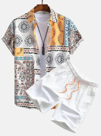 Relax mood men beach shorts set by Raspberry Eurybia, featuring lightweight casual shorts with a relaxed fit and vibrant design.