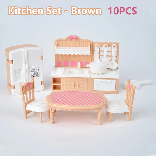 Set of 24 miniature brown dollhouse furniture accessories for kids, including tiny chairs, tables, and decorative pieces.