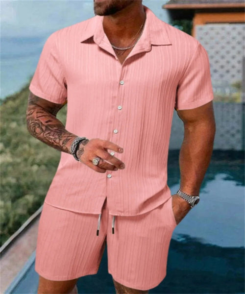 Irie men beach shorts set by Raspberry Eurybia featuring colorful swimwear with a relaxed fit on a model.