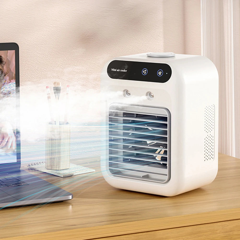 Maroon Asteria portable camping air conditioner fan with 2 speeds and humidifier feature, compact for outdoor cooling.