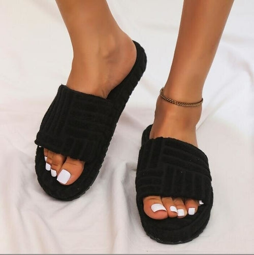 Red Iphigenia thick bottom embossed cotton fur women slippers with plush interior and textured sole for comfort and style.