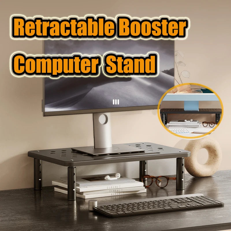 Adjustable telescopic computer monitor desk rack holder with elevated support for PC and monitor organization.