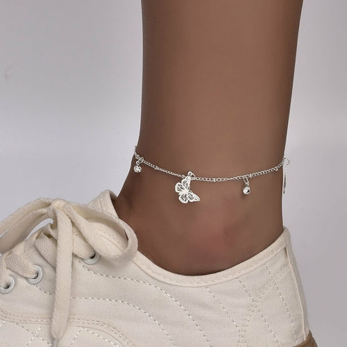 Silver plated Butterfly Bohemia ankle bracelet with delicate chain and butterfly charms, stylish accessory by Red Iphigenia.