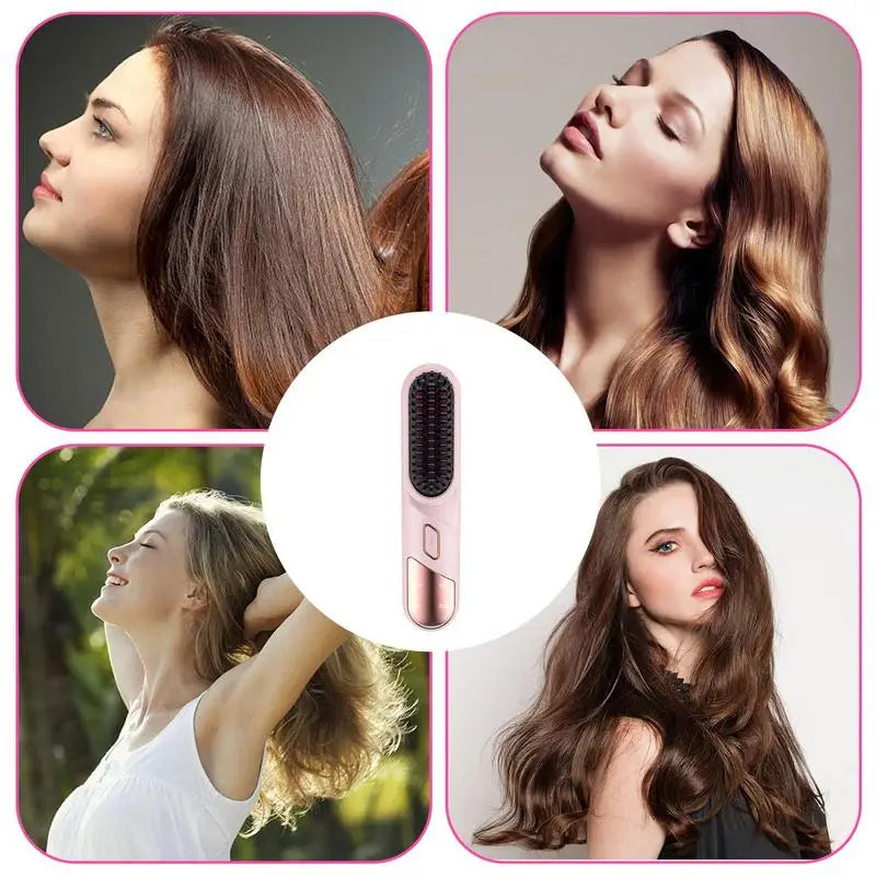 Maroon Asteria hair straightening brush with fast heating and negative ion technology, showing a sleek black and rose gold design.