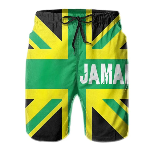 Raspberry Eurybia Jamaica men beach shorts with colorful tropical print, lightweight fabric, and comfortable fit for beach or poolside.