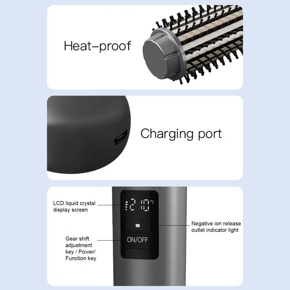 Maroon Asteria cordless USB rechargeable travel curling iron brush with heated round design for easy hair styling.