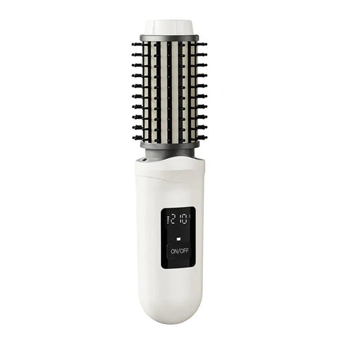 Maroon Asteria cordless rechargeable hair curling iron brush with heated round design for travel and styling.