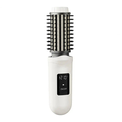 Maroon Asteria cordless rechargeable hair curling iron brush with heated round design for travel and styling.