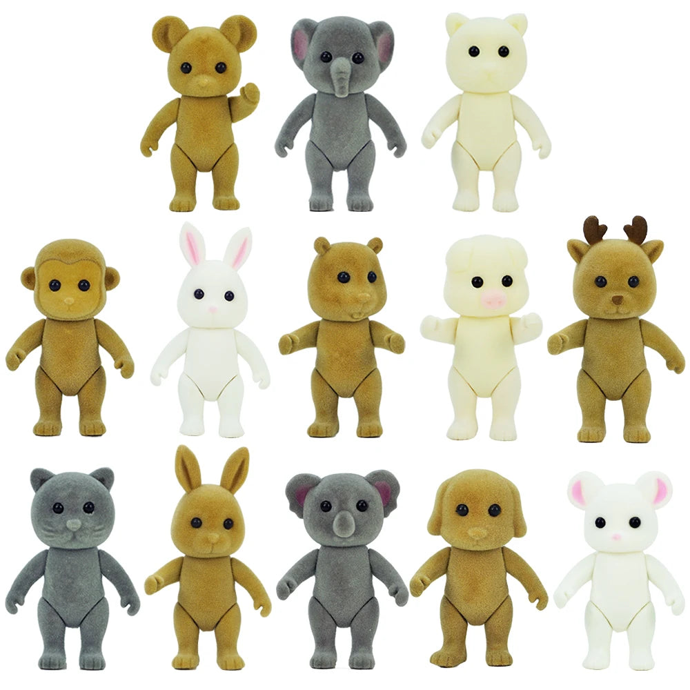 Miniature rabbit doll from AliExpress, part of 1/12 micro dollhouse set with reindeer, sheep, elephant, and squirrel figures.