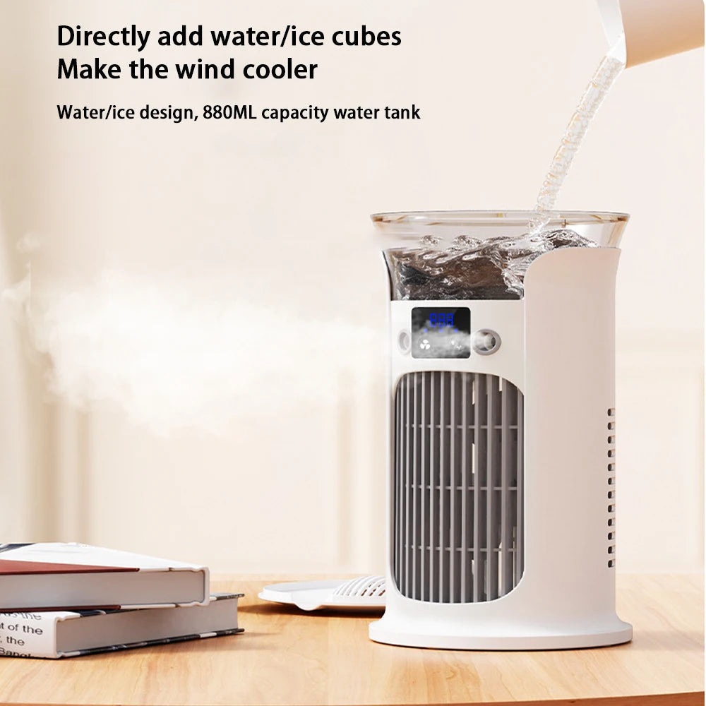 Maroon Asteria portable rechargeable quiet cool air fan with humidifier, desktop home improvement device, compact and easy to use.