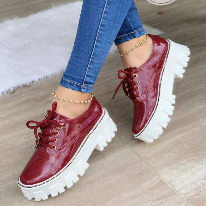 Pink, red, and black thick heel flat platform Oxford shoes for women by Coffee Jasper, featuring a stylish, comfortable footwear design.