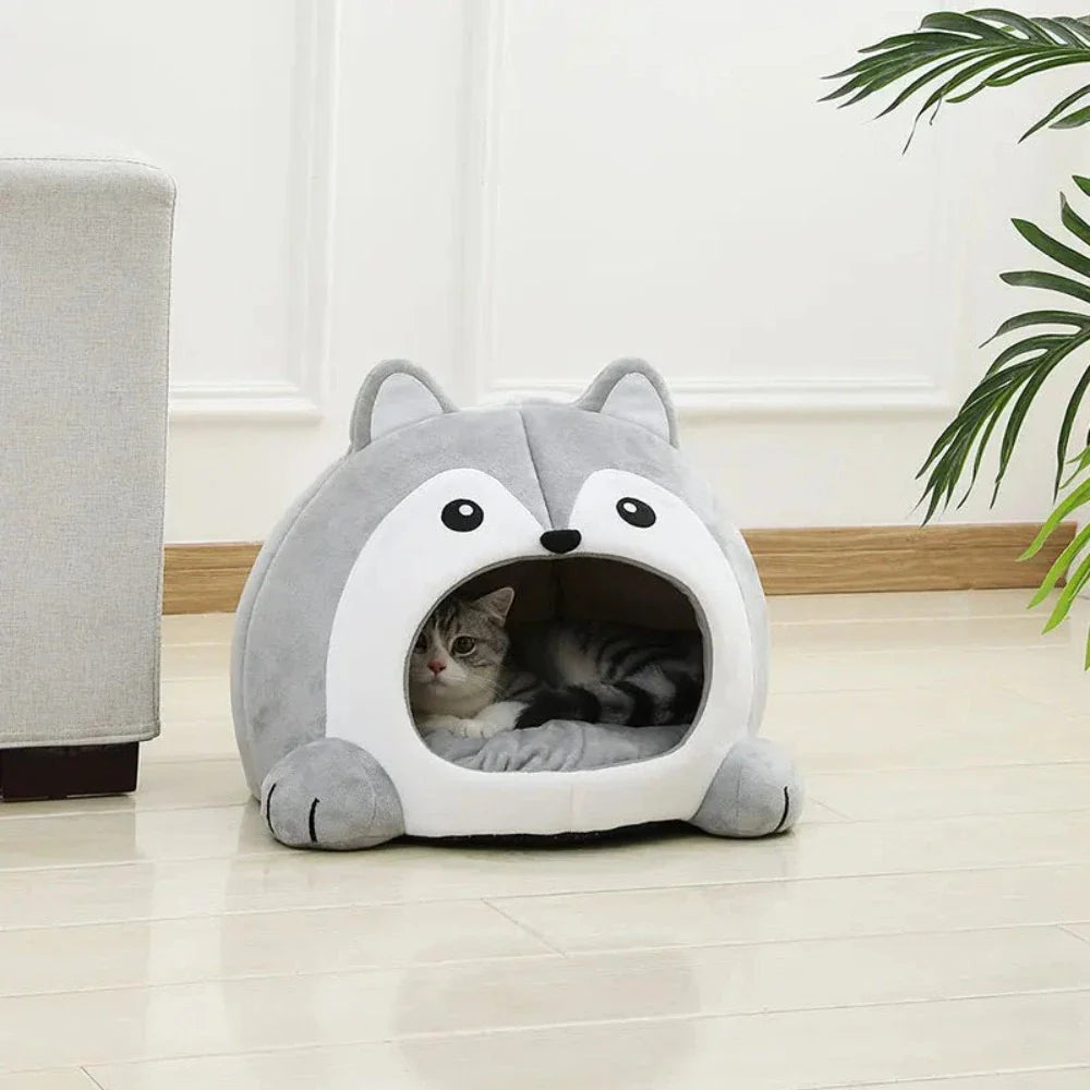 Yellow Pandora cartoon fox theme pet house bed, cozy and fun for small dogs or cats, with colorful fox design and soft fabric.