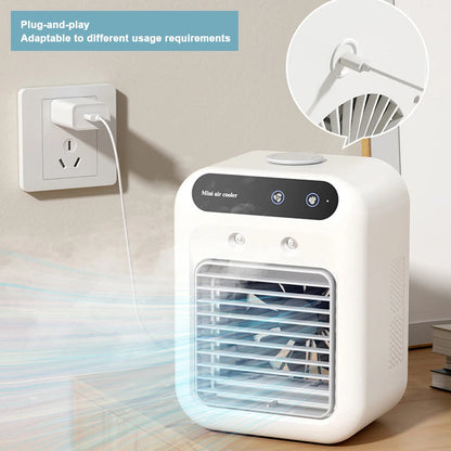 Maroon Asteria portable camping air conditioner fan with humidifier, dual speeds, compact design for outdoor cooling.